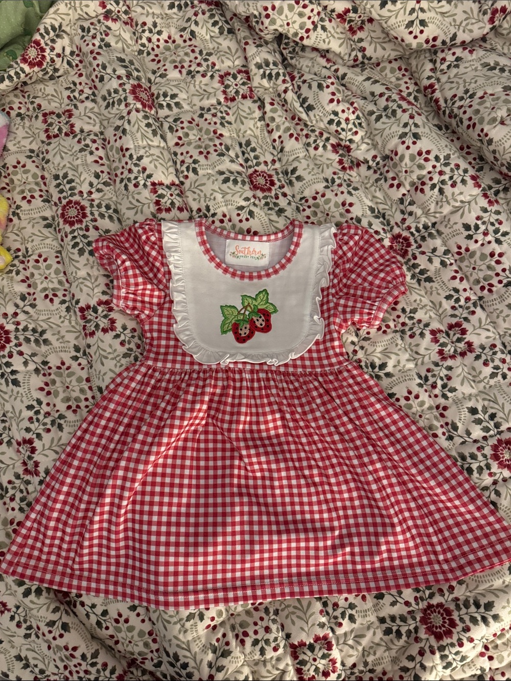 Girls' Red Gingham Strawberry Dress with Bib